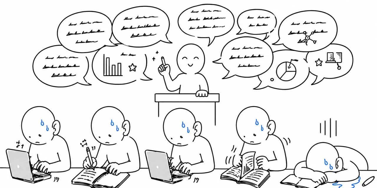 교수의 설명을 들으며 노트북으로 타이핑하고 필기하는 학생들과 지친 학생을 그린 선화