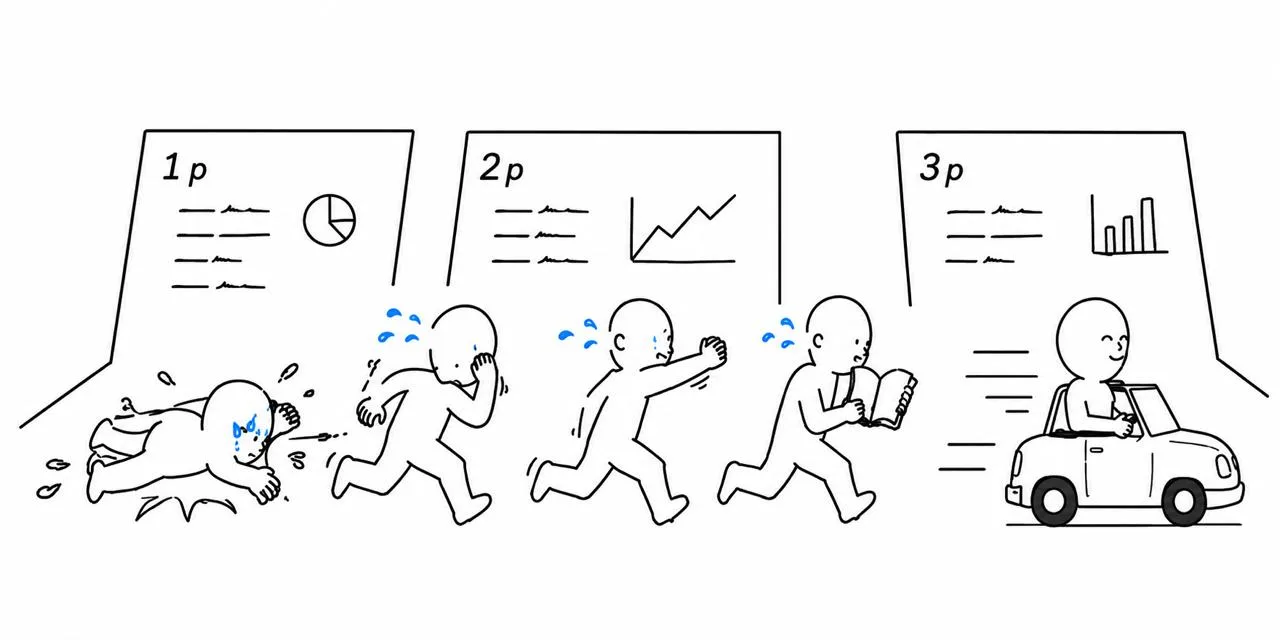 교수는 자동차를 타고 3페이지로 가고 학생들은 2페이지에서 따라가며 한 학생은 1페이지에 쓰러진 선화