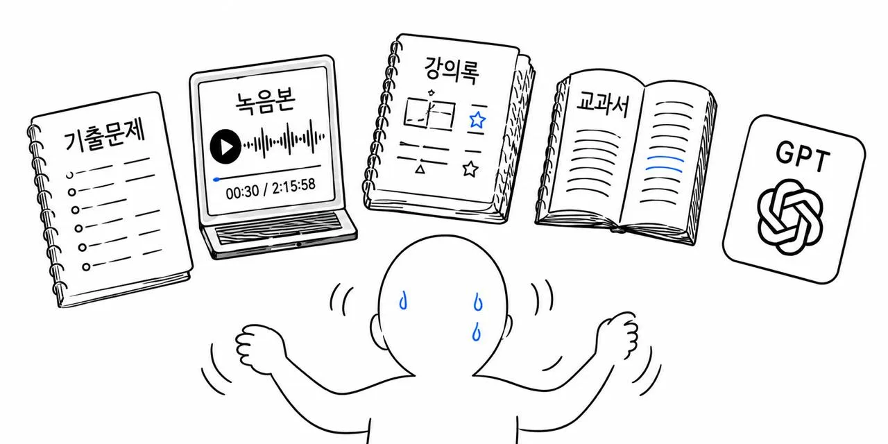 학생이 기출문제, 녹음본, 강의록, 교과서, GPT 사이를 오가는 선화